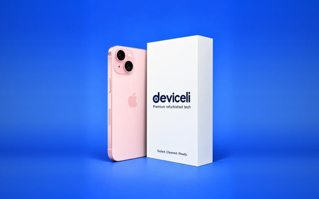 Refurbished pink iPhone next to a Deviceli box
