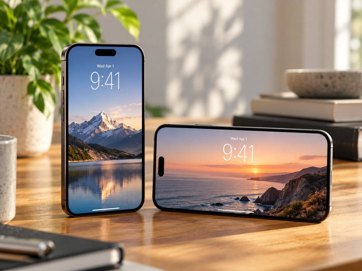 Two iPhones on a wooden desk