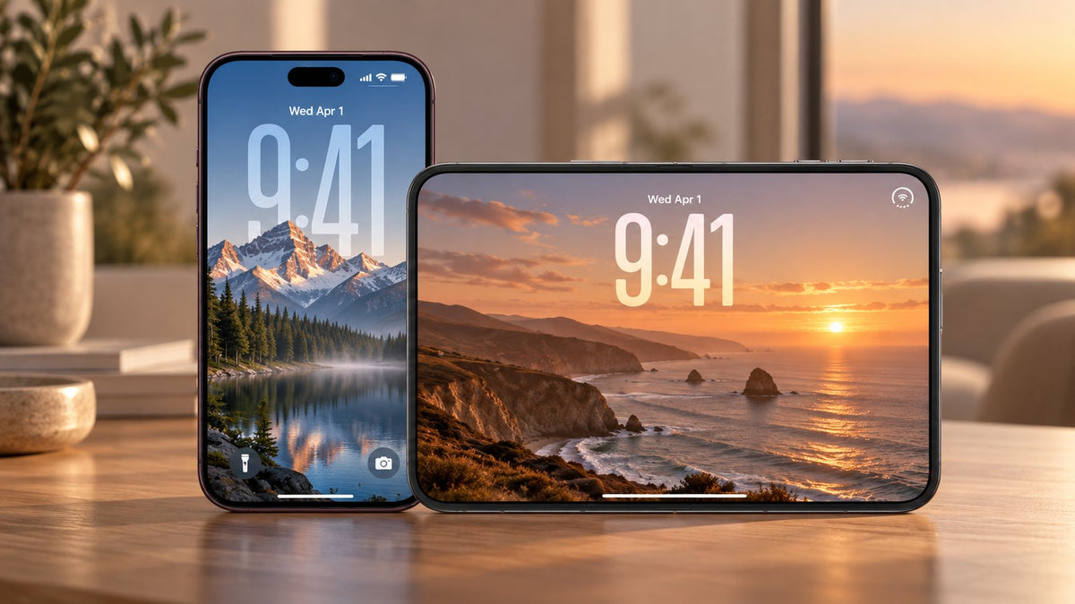 Two iPhones on a table at sunset