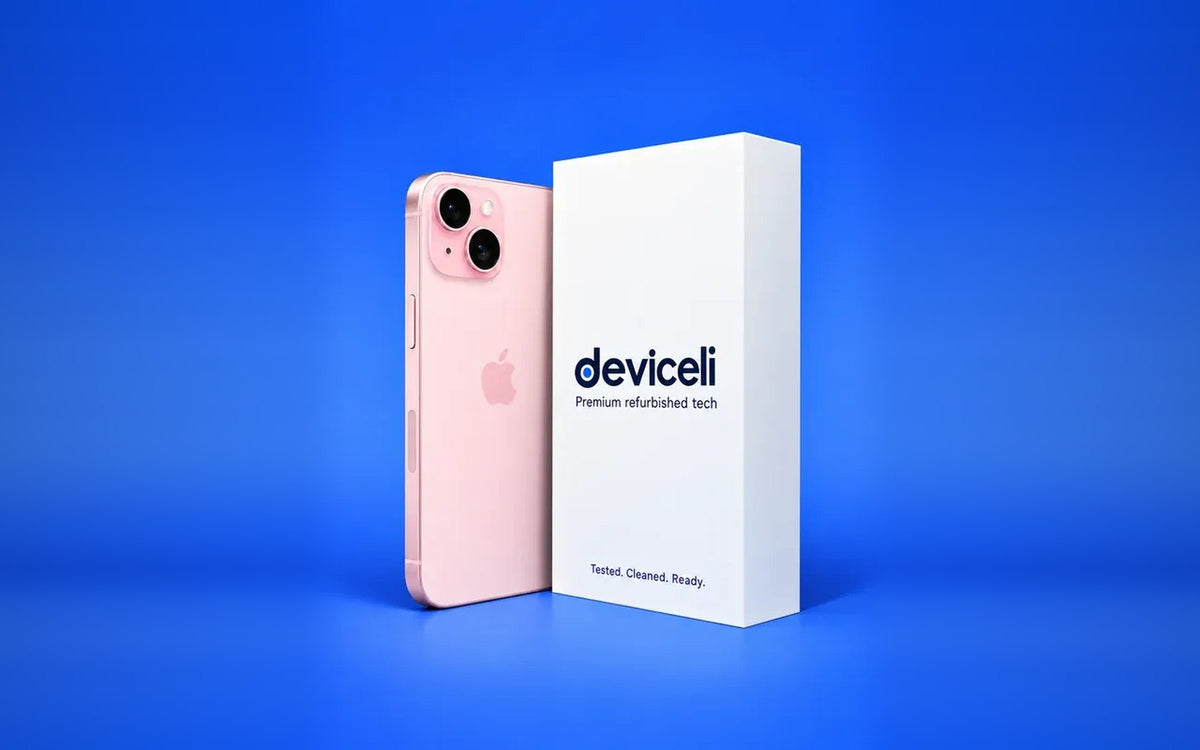 Refurbished pink iPhone next to a Deviceli box